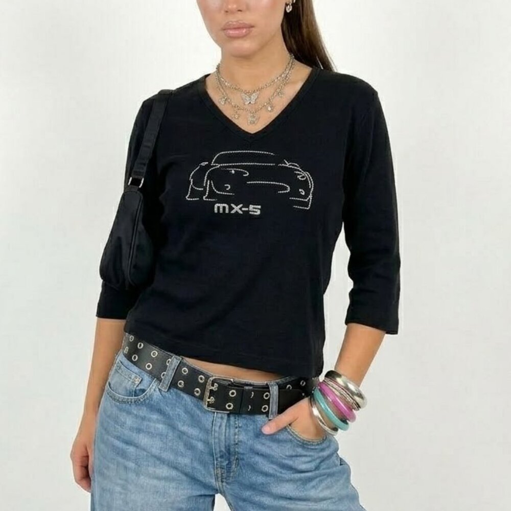 Rhinestone Mazda MX-5 Baby Tee Y2K Black Graphic Top